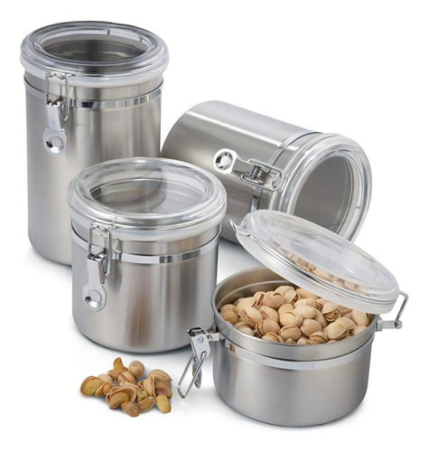 Kit 4 Potes Herméticos Inox Com Tampa Transparente E Trava