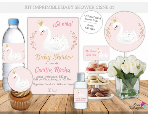 Kit Imprimible Cisne 01 - Invitación Baby Shower - Bautizo