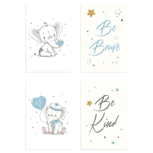 Placas Decorativas Elefante Azul Para Quarto 20x30cm Kit 4un