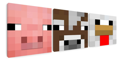 Set 3 Cuadros Minecraft Cerdo Vaca Pollo - 31x31cm