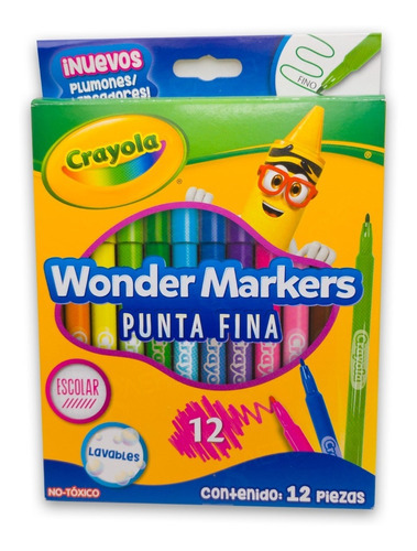 12 Plumones Escolar Punta Fina Wonder Marker Lavable Crayola