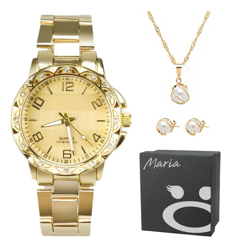 Relógio Feminino Dourado Aço Strass + Colar Brincos + Caixa