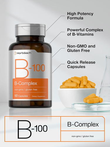 B100 Horbaach Complejo Vitamina B B1 B2 Niacina B6 Folat B12 Sin Sabor