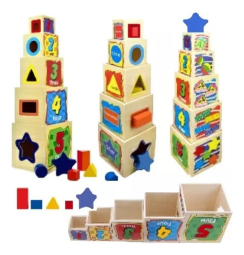 Juguete Didáctico De Madera Torre Cubos Y De Encaje