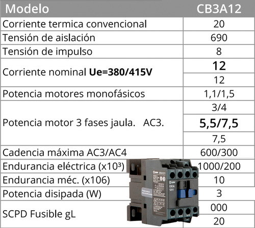 Contactor Tripolar 1hp Baw 5,5kw 12a 220vca Motor Pileta