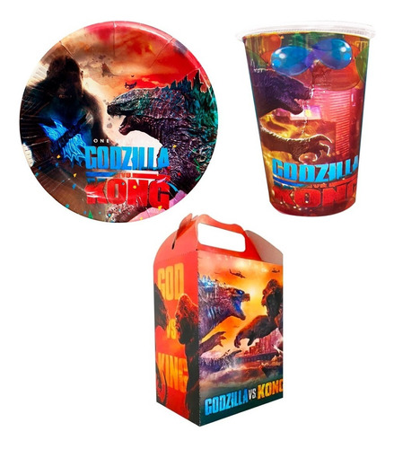 Godzilla Kong Paq Kit 20 Niños Vasos Platos Dulceros