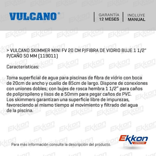 Imagen 2 de 8 de Skimmer Mini Fv Vulcano 20 Cm P/fibra Vidrio Buje 1 1/2 PLG