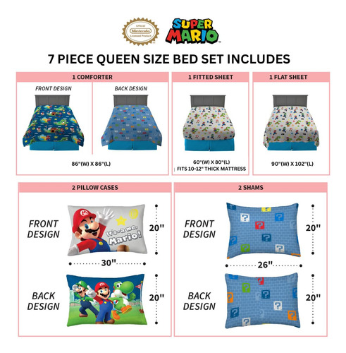 Set De Cama Super Mario Bros 7 Piezas Tamaño Queen