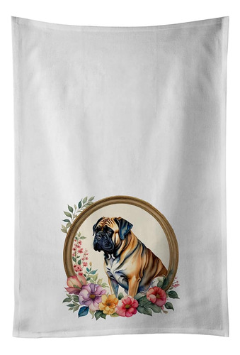 Mastiff And Flowers Kitchen Towel Set Of 2 White Dish Towels