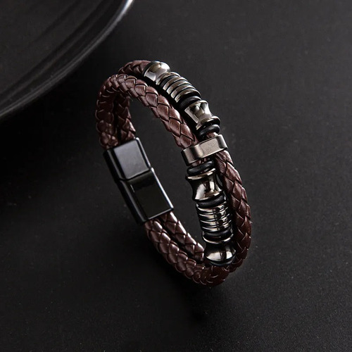 Pulsera Unisex En Cuerina Marrón Y Broche Negro-.