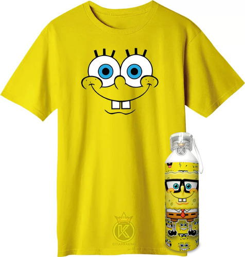 Polera Bob Esponja + Botella En Aluminio 750ml - Estampaking