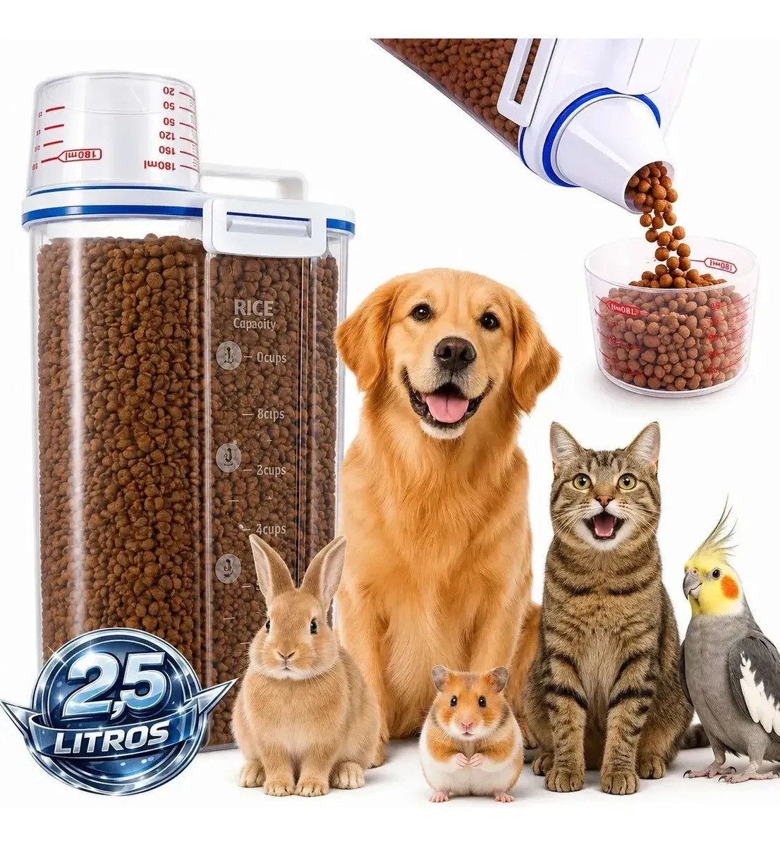 Porta Ração Pote Com Tampa Pet Gato Cachorro Dispenser  Transparente 2,5L