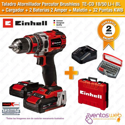 Imagen 2 de 9 de Taladro Atornillador Percutor Einhell Brushless + Completo