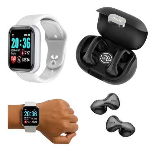 Reloj Smartwatch D20 + Auriculares Inalambricos Free Clip Blanco Silicona Blanco