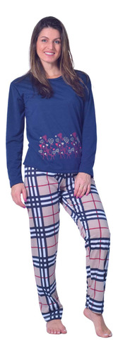 Pijama Longo De Frio Inverno Calça Xadrez E Blusa Feminino
