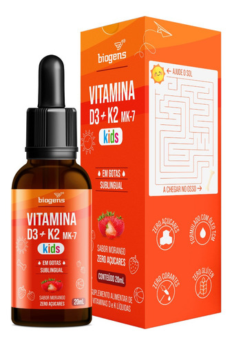 Vitamina D3 + K2 Mk-7 Kids, Em Gotas, Sublingual D3 2000ui | K2 100mcg, Sabor Morango, 20ml, Biogens