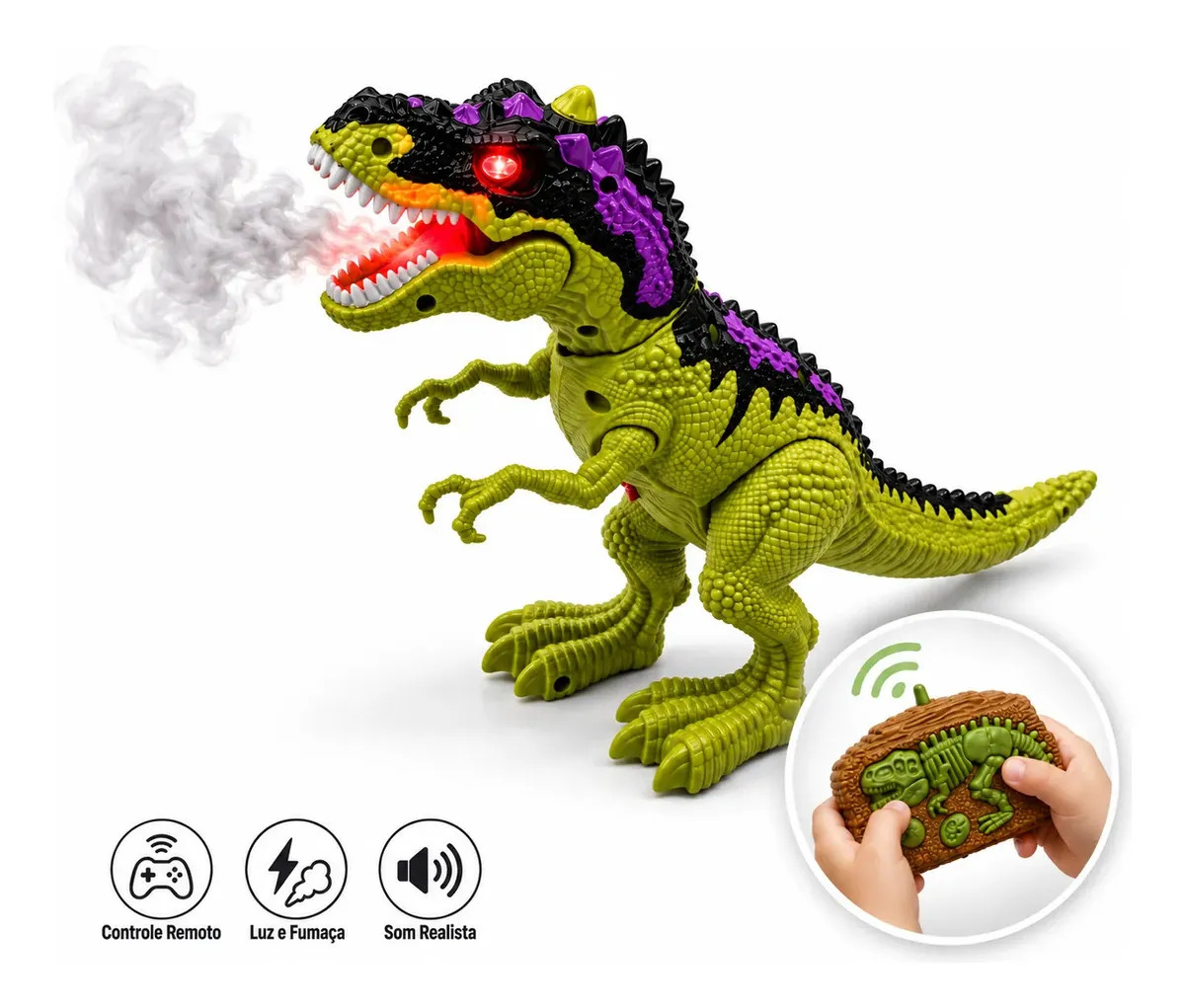 Dinossauro Rex Controle Remoto Anda Solta Fumaça Luz E Som De Rugido Brinquedo Robô Dino Trex Realista Interativo Infantil Presente Criança Marca Lar Commex