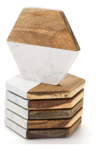 Juego De 6 Posavasos De Mármol Y Madera Zenfun, Posavasos Ge