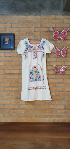 Vestido Mexicano Curto Algodão Manga Bordado A Mão Varal