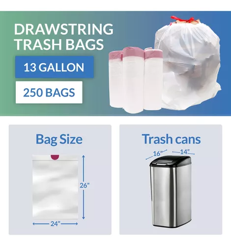 Reli. Bolsas de basura altas con cordón de cocina de 13 galones, 500  unidades a granel, bolsas de basura de cocina, blancas, 13 galones,  capacidad de