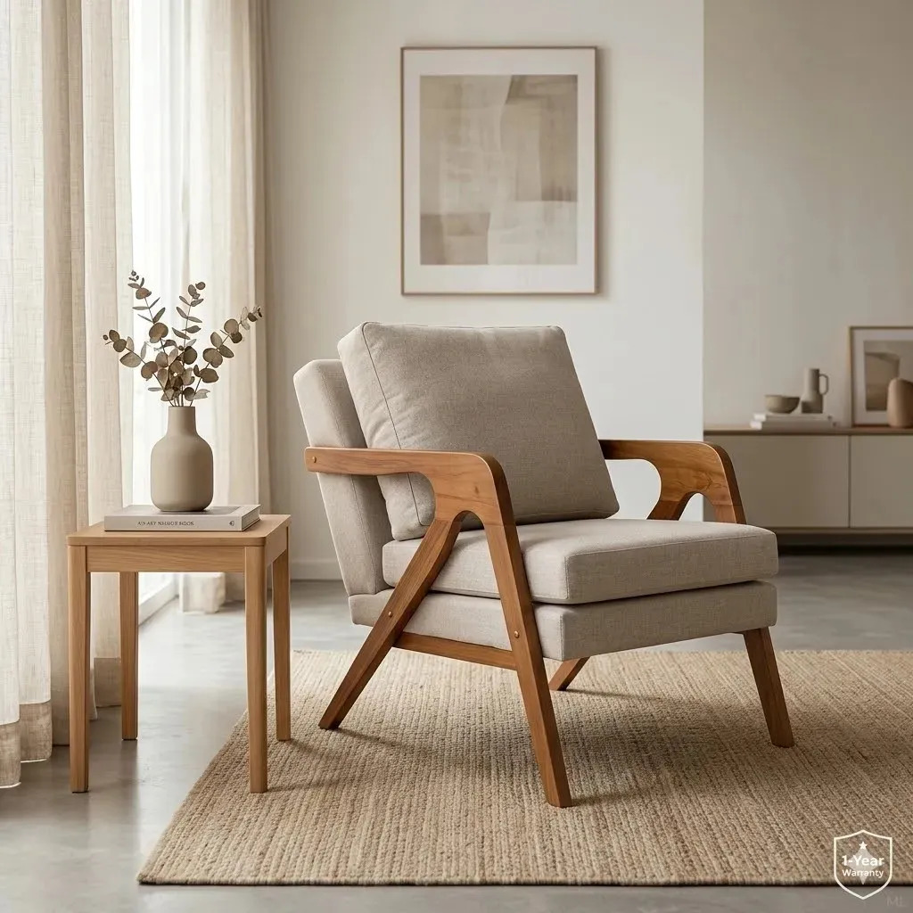 Poltrona Mona Decorativa Recepção Sala De Estar Moderna Confortavel Madeira Maciça Luxo Reforçada Linho Bege