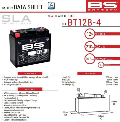 Batería Bt12b4 Bs Battery Ducati Kawasaki Yt12b-bs Gt12b4