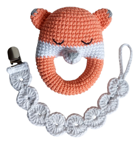 Sonajero + Portachupete Tejido Crochet - Regalo Bebé Coral Claro Y Blanco Zorro