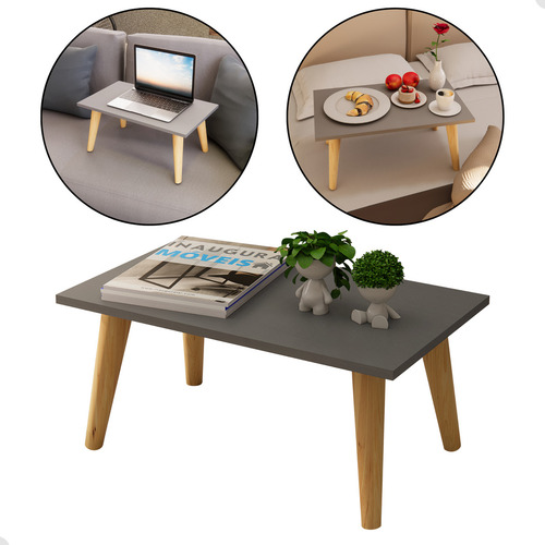 Mesa De Centro Retangular Apoio Sala Sofá Pés Palito Madeira Retro Classic Cor Cinza