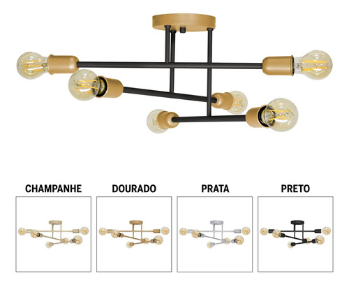 Lustre Sputnik Monaco Vicenzo Pendente Luminaria Industrial Cor Preto com dourado