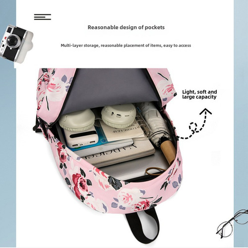 Mochila Casual Floral Tres Piezas Térmica Gran Capacidad