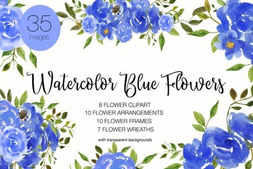 Kit Imágenes Digitales Flores Azules Watercolor Blue Flowers