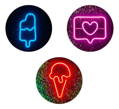 Trio Luminárias Neon Led Kit Sorveteria Instagramavel Bivolt