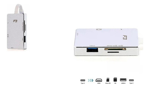 Hub Cabo Adaptador F3, Tipo C X Hdmi 4k Display, Sd, Usb 3.0 Cor Prateado