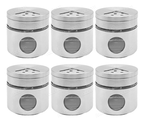 Kit 6 Mini Saleiro Porta Temperos Com Visor Vidro Aço Inox