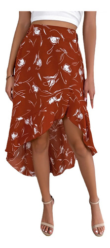 $falda Midi Floral De Poliéster Asimétrico Con Volantes Para