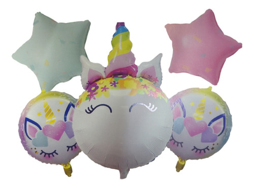 Set 5 Globo Metalizado Unicornio Feliz Cumpleaños Apto Helio