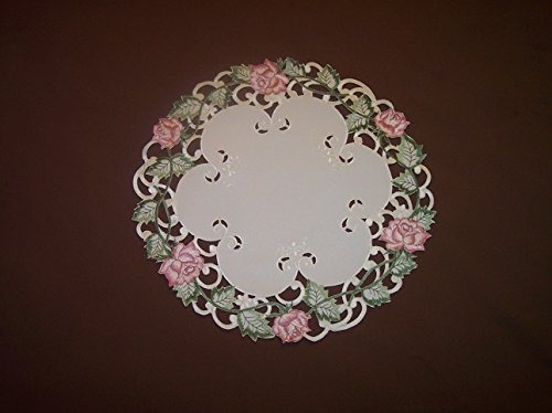 Tapete Redondo O Mantel Individual Bordado Con Rosas Rosadas