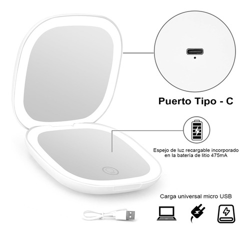 Espejo Mano Mini Led Espejo Maquillaje 3 Tonos Color Ajustab Blanco