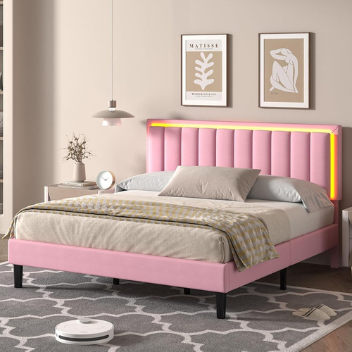 Bed Frame King Size Color Rosa C/cabecera Con Luz Led