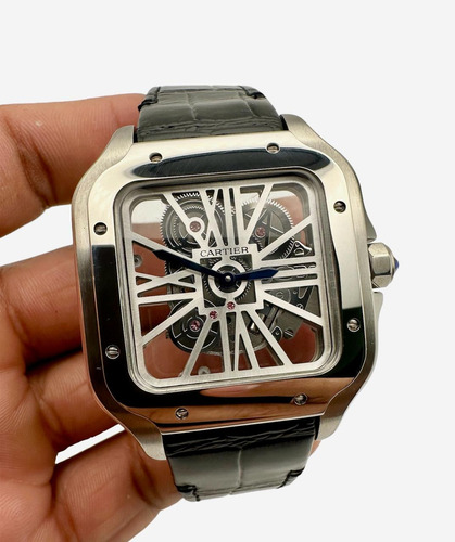 Reloj Premium Santos Esqueleto Piel Negro Cuarzo (Reacondicionado)