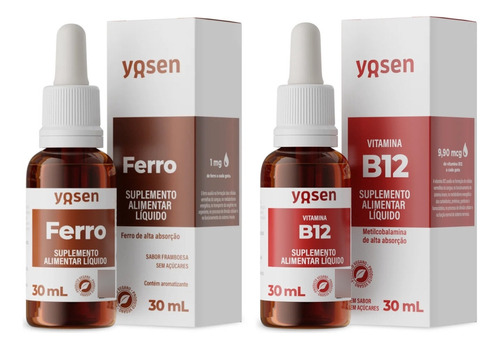 Ferro Líquido Ydrosolv® Yosen 30ml + Vitamina B12 Líquida Sabor Ferro Sabor Framboesa, B12 Sem Sabor