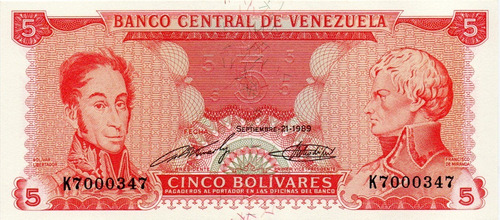 Billete 5 Bolívares 21 De Septiembre 1989 Serial K7