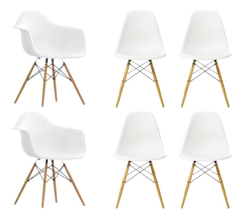 Combo 4 Sillas + 2 Sillones Dsw Diseño Moderno Pata Madera - Eames Color de la estructura de la silla Blanco Color del asiento Negro