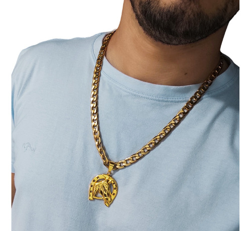 Cordão Grosso 10mm Masculino Banhado Ouro 18k + Ferradura