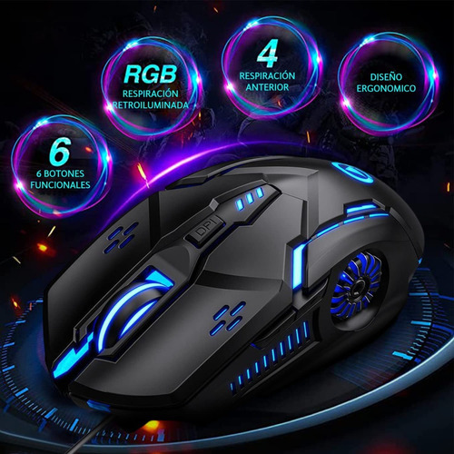 Mouse De Juego Ergonomico Led Rgb Raton Usb 3200 Negro Gamer Color Negro Colorido