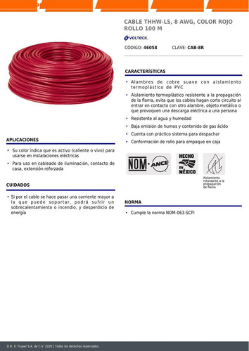 Imagen 4 de 5 de Cable Calibre 8 Thhw-ls Rojo Voltech 46058