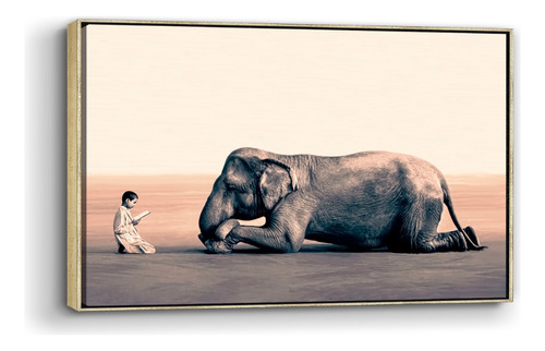 Cuadro Canvas Marco Flotado Elefante Hindu Y Niño 80x120cm