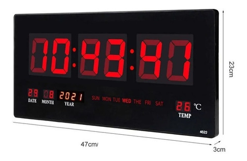 Imagen 2 de 3 de Reloj Digital Pared Luz Led Hora Fecha Temperatura 47x23cm