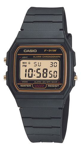 Reloj pulsera Casio Collection F-91 de cuerpo color negro, digital, para hombre, fondo dorado, con correa de resina color negro, dial negro, minutero/segundero negro, bisel color dorado y hebilla simple