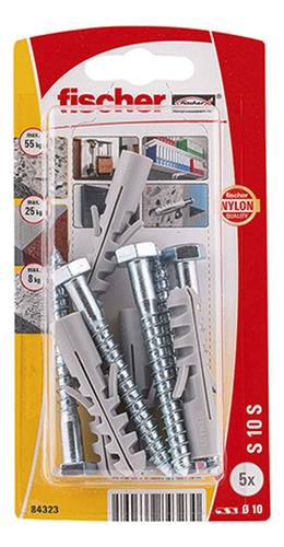 Fischer | Kit De 5 Taquetes S De Nylon 10 Mm Con 5 Tornillos, Para Concreto Y Ladrillo Macizo